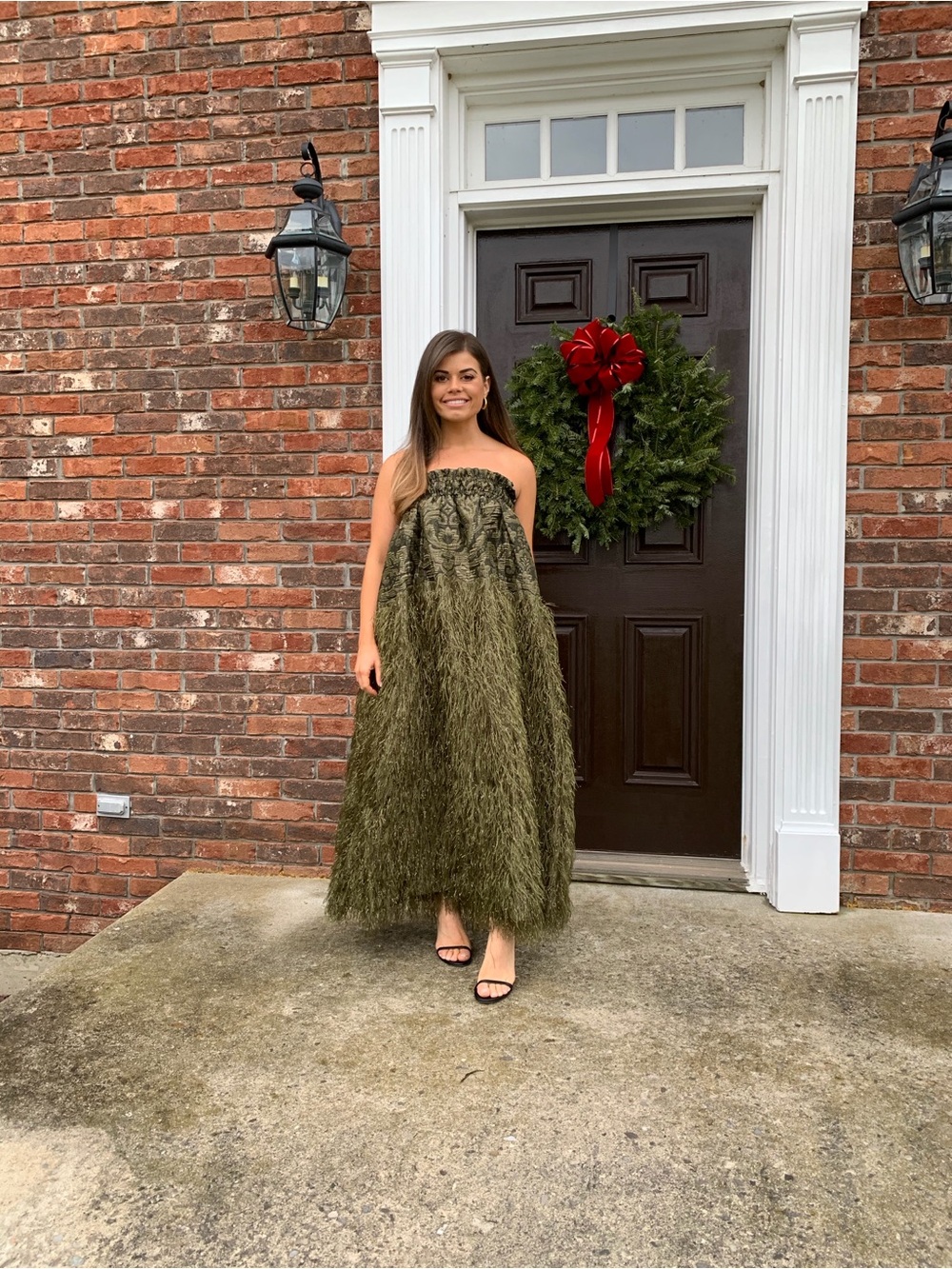 Ganni Olive Green Feather-Trim Smocked Dress